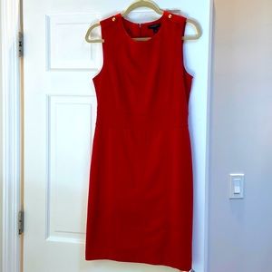 Red Banana Republic dress with gold button embellishment on shoulders